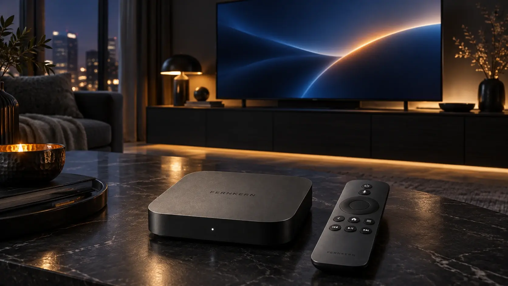 Moderne TV-Box in einem dunklen Wohnzimmer-Setup