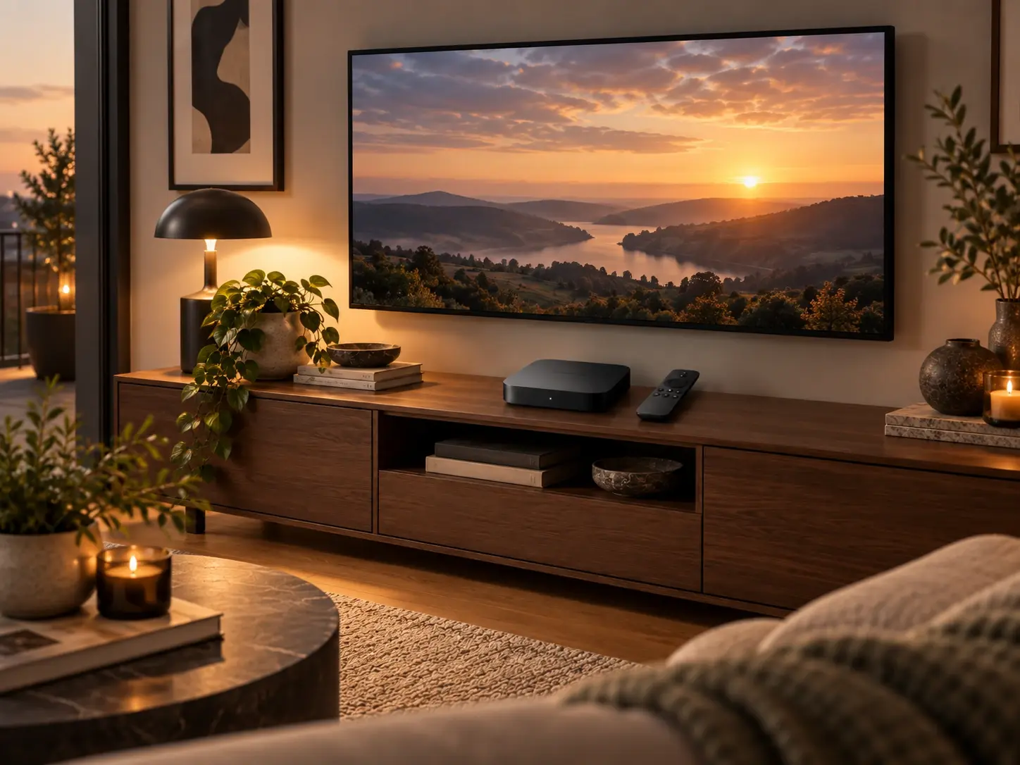 Aufgeräumte Medienkonsole mit Fernseher und TV-Box