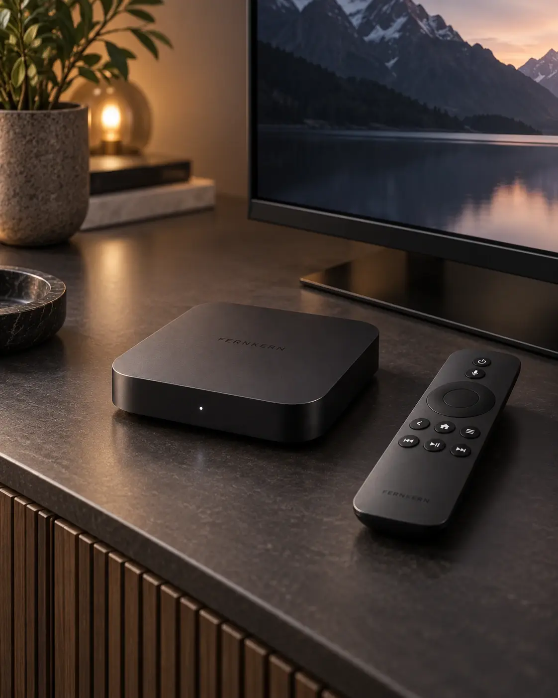 TV-Box neben Fernseher und Fernbedienung