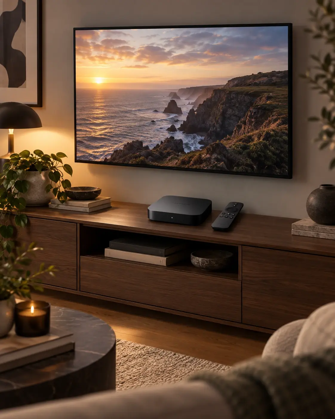 Modernes Wohnzimmer mit Fernseher und Medienkonsole