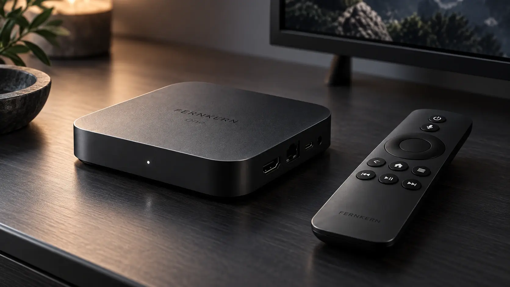 Detailansicht einer TV-Box mit Fernbedienung