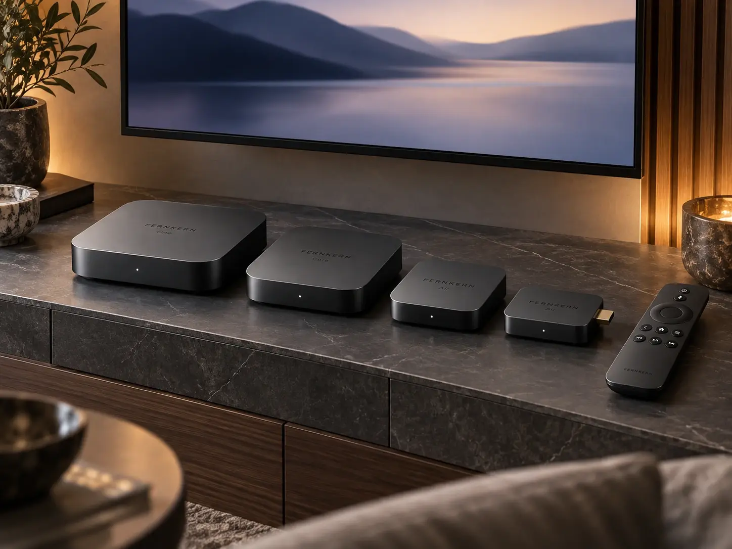 Mehrere TV-Boxen auf einer Medienkonsole